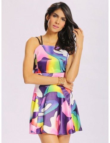 Women Sexy Multi Color Sleeveless Cross Strap Backless Mini Dress