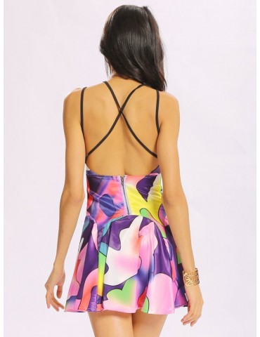 Women Sexy Multi Color Sleeveless Cross Strap Backless Mini Dress