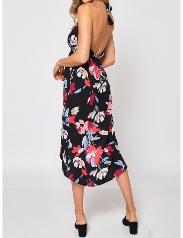 Sexy Floral Print Split Backless Halter Sleeveless Dress For Women