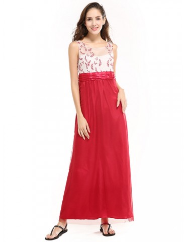 Sexy Lace Women Embroidery O-Neck Sleeveless Maxi Dresses