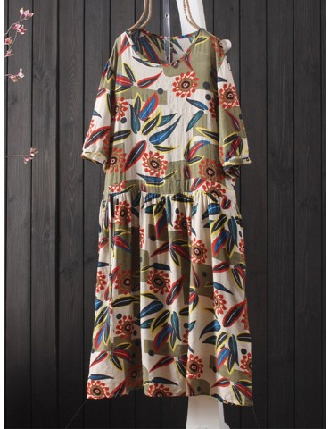 Drawstring Waist Floral Print Short Sleeve Vintage Dress