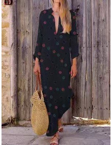 Polka Dots Print V-neck Long Sleeve Maxi Dress