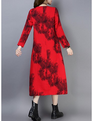 Long Sleeve Loose Print O-neck Vintage Mid-calf Dresses