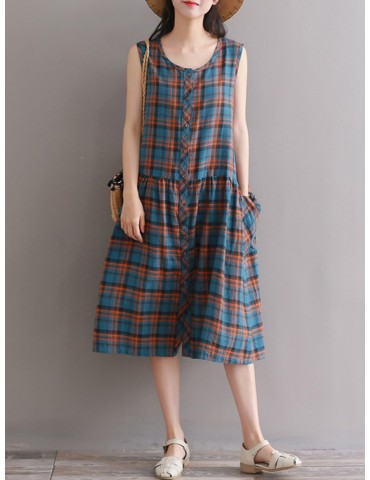 Plaid Print Sleeveless Single Breasted Pockets Vintage Dresses