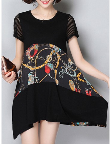 Vintage Print Patchwork Irregular Short Sleeve Dresses For Women