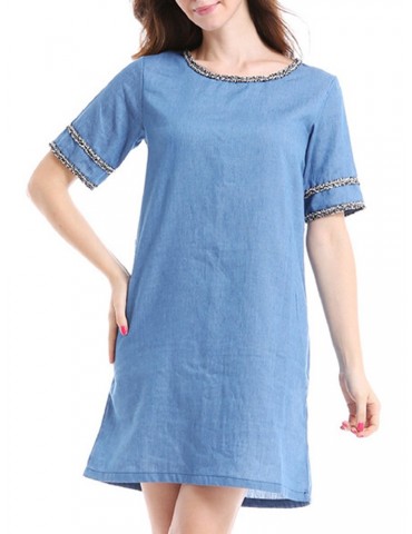 Casual Denim Patchwork O-neck Short Sleeve Mini Dress For Women