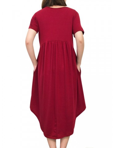 Pure Color Pleated Irregular Short Sleeve O-neck Casual Dresses