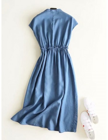 Denim Sleeveless Botton Stand Collar Casual Dresses