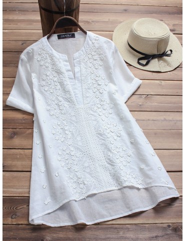 Vintage Embroidered Short Sleeve V-neck Shirts