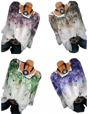 Printed Butterfly Tie Dye Notched Neck Long Sleeve Shirts