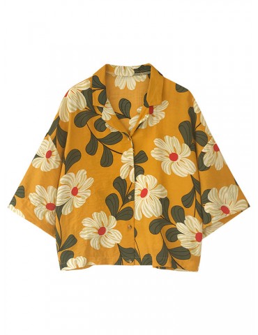 Floral Printed 3/4 Sleeve Turn-down Collar Shirts