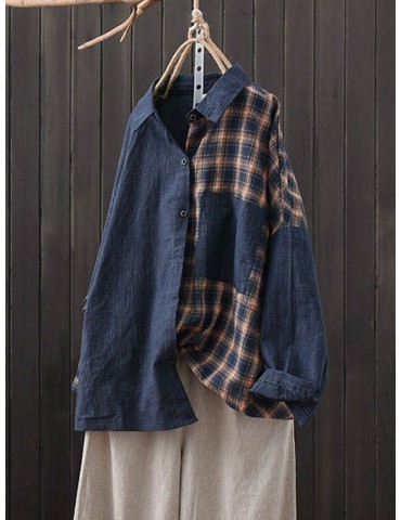 Patchwork Plaid Long Sleeve Turn-down Collar Pocket Shirt