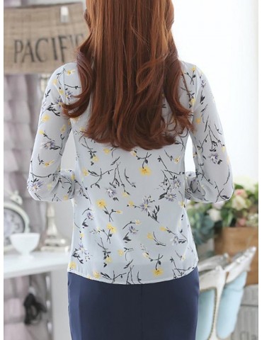 Bandage Floral Print 3/4 Sleeve Stand Collar Elegant Blouses