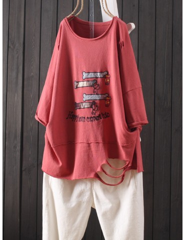 Vintage Print Distressed Half Sleeve Overhead T-Shirt