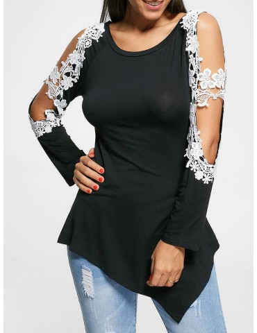 Lace Crochet Sleeve Asymmetrical Short Sleeve T-Shirts