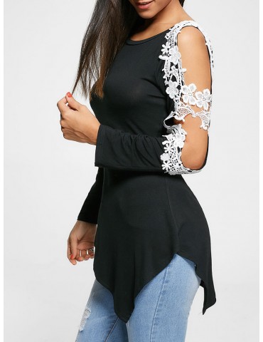 Lace Crochet Sleeve Asymmetrical Short Sleeve T-Shirts