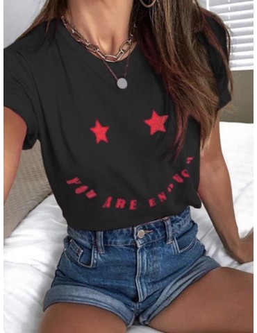 Smile Face Letter Print Short Sleeve Casual T-shirt