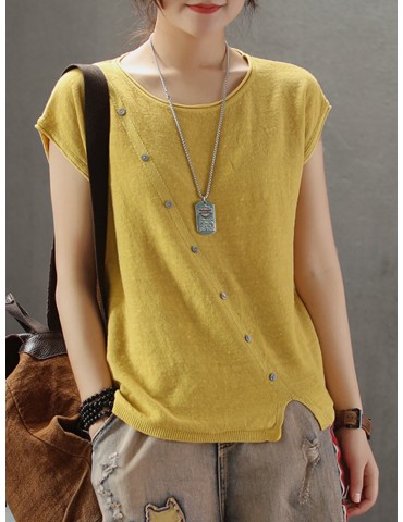 Women Button Splited Solid Color Short Sleeve Casual T-shirt