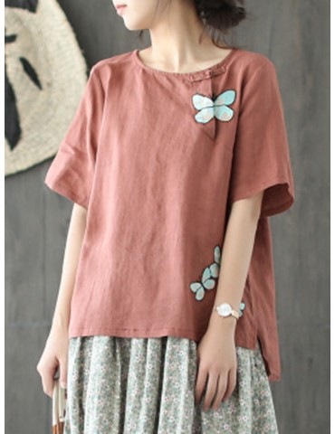 Vintage Butterfly Embroidery Button Overhead T-Shirt