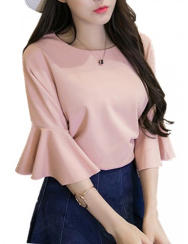 Solid Color O-neck Bell Sleeve T-shirts