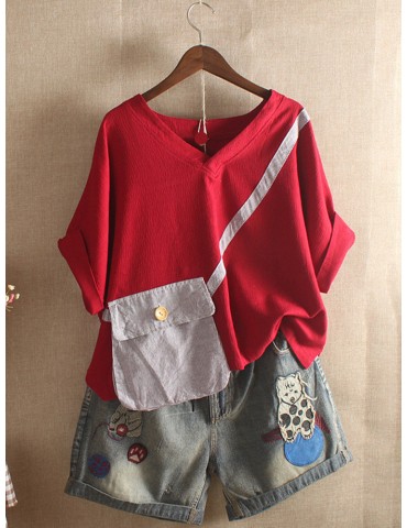 Pocket Patchwork Half Sleeve Women Casual T-shirt