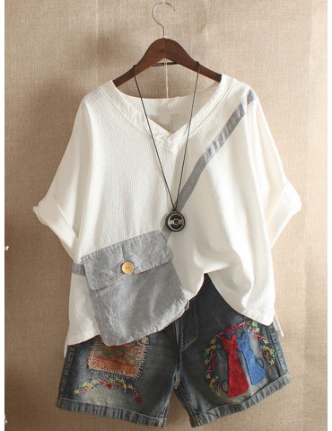 Pocket Patchwork Half Sleeve Women Casual T-shirt