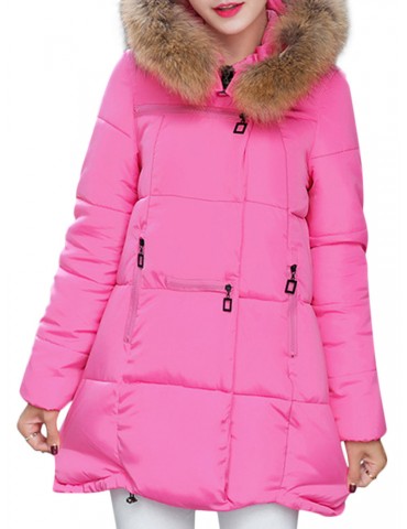 Pure Color Faux Fur Hooded Loose Long Sleeve Women Down Coats