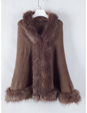 Women Faux Fur Collar Knitted Shawl Cloak Coats