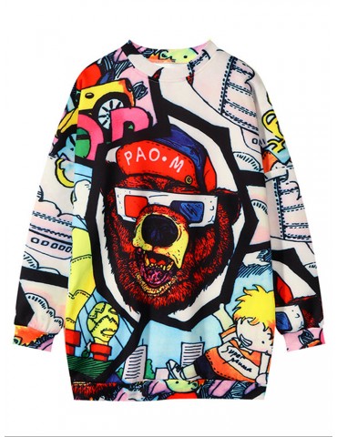 Print Multicolor Beer Crew Neck Oversized Sweatshirt