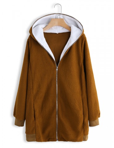 Solid Color Long Sleeve Autumn Winter Plush Long Hooded Sweatshirt