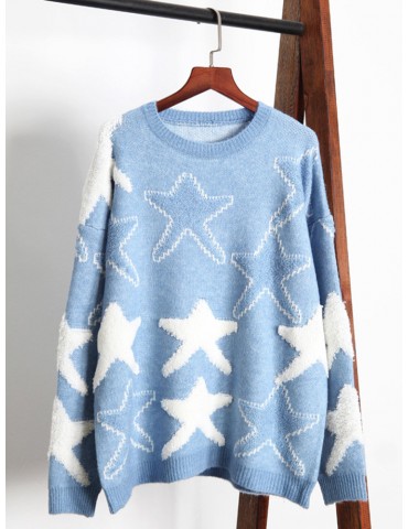 Casual Knit Stars Long Sleeve Pullover Sweater