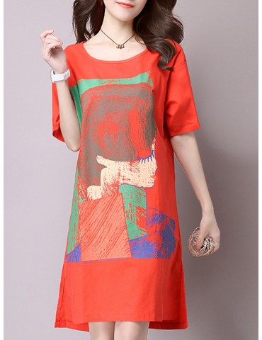 Casual Cartoon Print Half Sleeve High Low Plus Size Dress