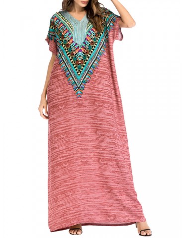 Casual Embroidered V-neck Loose Maxi Dresses