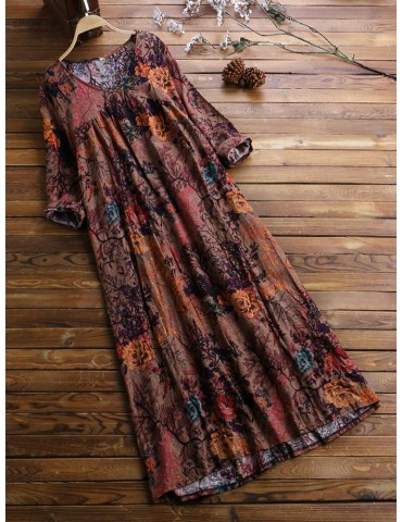 Vintage Floral Print Pleated V-neck Plus Size Maxi Dress