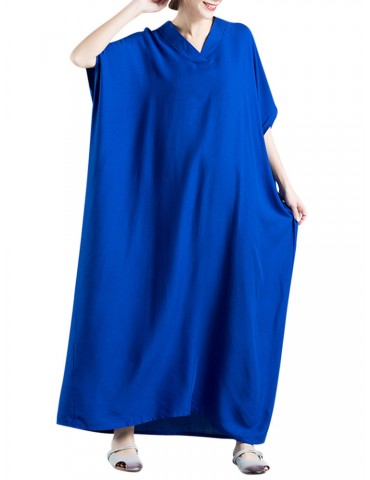 Loose Women Solid Color Batwing Sleeve V-neck Maxi Dress