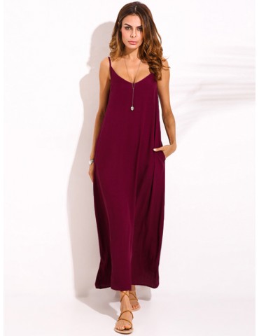 Sexy Women Bohemian Pure Color Backless V Neck Maxi Sundress