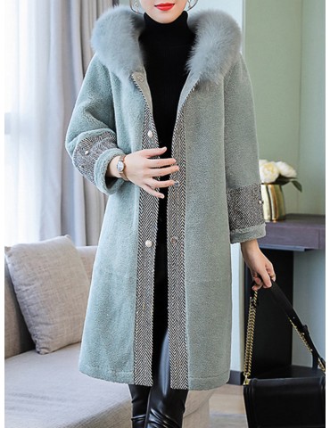 Elegant Faux Fur Hooded Patchwork Long Coat