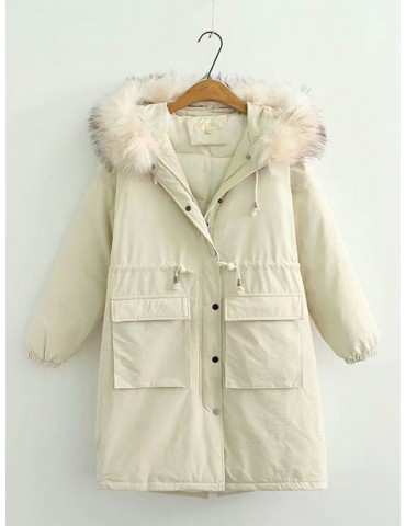 Faux Fur Hooded Pocets Casual Coat