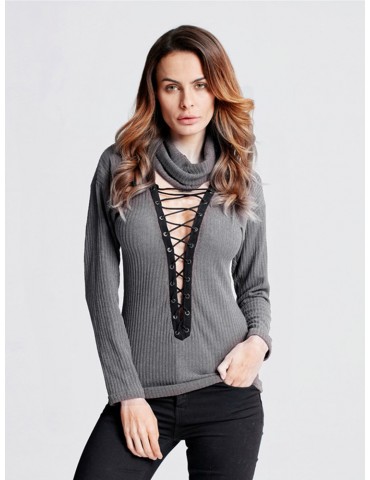 Sexy Solid Turtleneck Bandage Deep V-Neck Knit Tops For Women