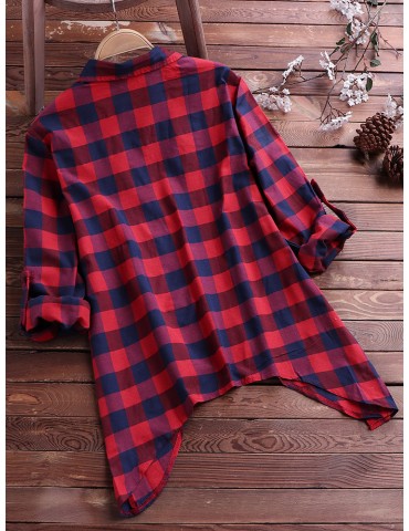 Casual Lapel Plaid Print Irregular Hem Shirt for Women