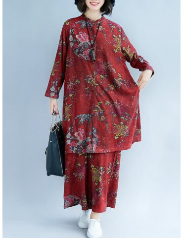 Vintage Print Blouse and Pants Suit for Women