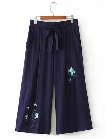 Vintage Loose Embroidery Elastic Waist Wide Leg Pants For Women