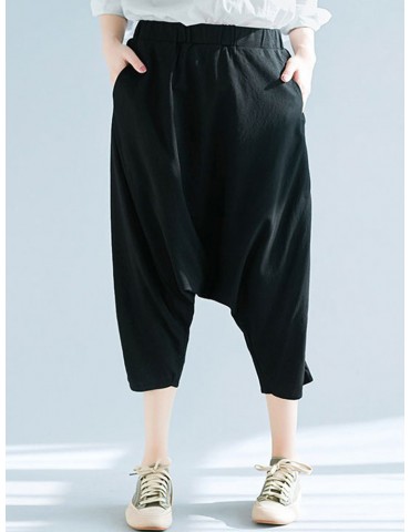 Pure Color Elastic Waist Harem Pants for Women