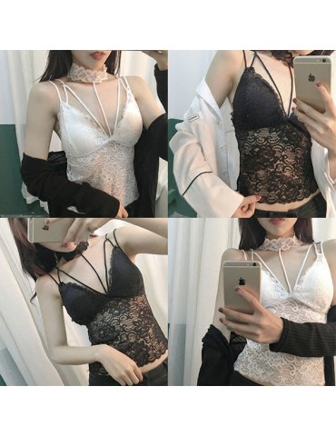 Halter Plunge Bandage Lace Crocheted Wireless Cami T-shirt Comfort Bras