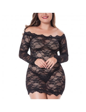 Sexy Lace Gauze Shoulder Long Sleeve Chemises Translucent Nightdress