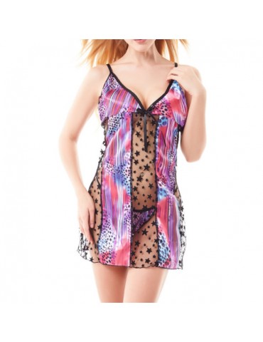 Women Sexy V Neck Transparent Babydoll Star Printing Hollow Temptation Nightdress