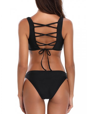 Solid Color Cross Back Hollow Sexy Bikini Swimwear For Women