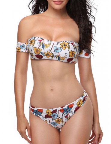 Sexy Floral Printed Word Shoulder Bikini Sets Swimsuit Swimwear For Women