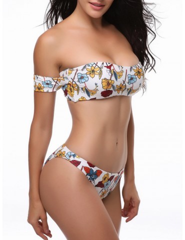 Sexy Floral Printed Word Shoulder Bikini Sets Swimsuit Swimwear For Women