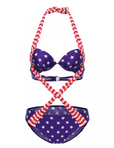 American Flag Criss-cross Backless Lace Up Padding One-pieces Sexy Bikinis